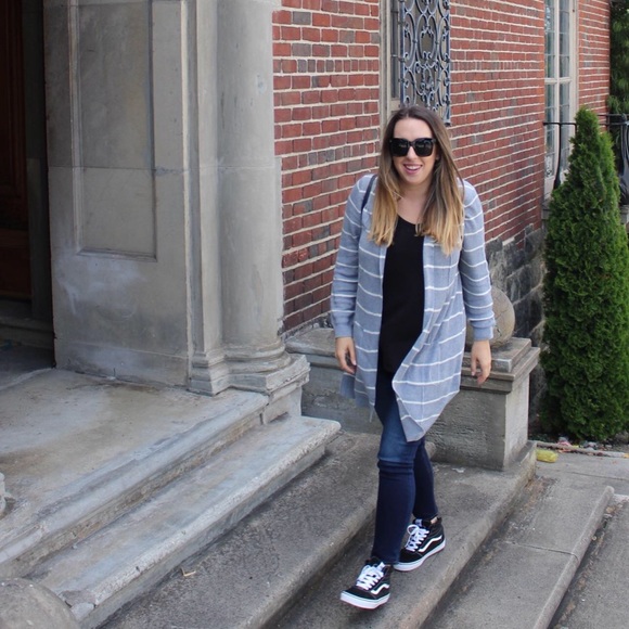 Juniors Plus Size Gray Stripe Long Hooded Cardigan - Picture 2 of 8